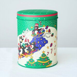 Vintage Metal Christmas Tin Container Penguins Snow Green RH MACYS & CO Winter